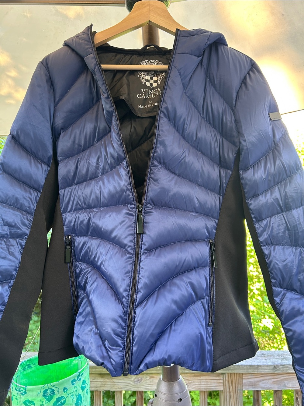 Vince Camuto Women's Navy Quilted Hooded Puffer with Black Side Panels